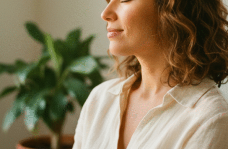 Mujer bajo un cielo estrellado con luz dorada y violeta, abriendo sus manos al universo en un gesto de manifestación y confianza.