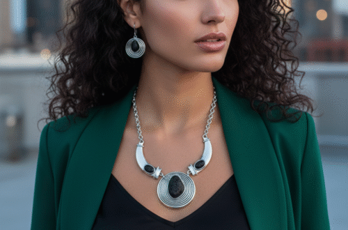 Mujer usando un collar de Obsidiana de Tenerife en fotografía profesional. Joyería de protección energética para el empoderamiento femenino y la autoestima.