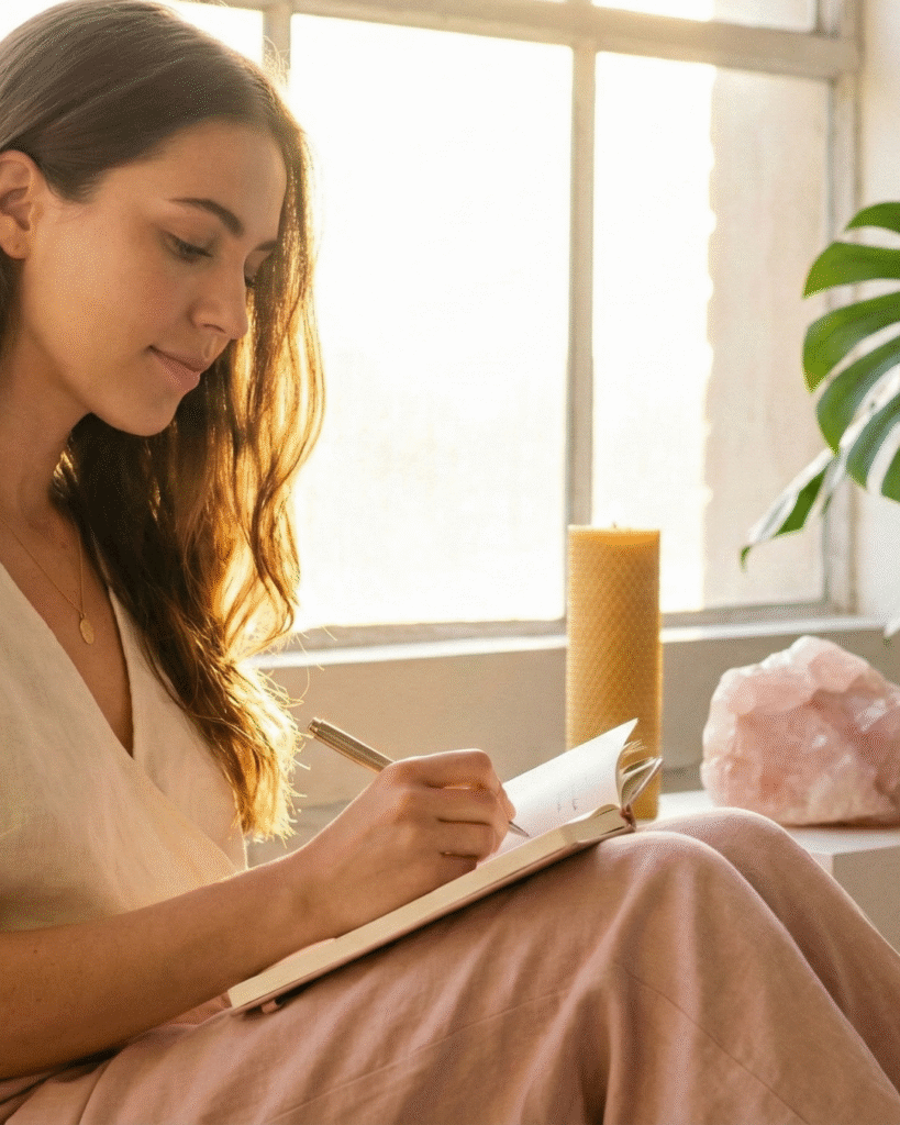 Mujer escribiendo en su diario de gratitud en un ambiente luminoso y espiritual.