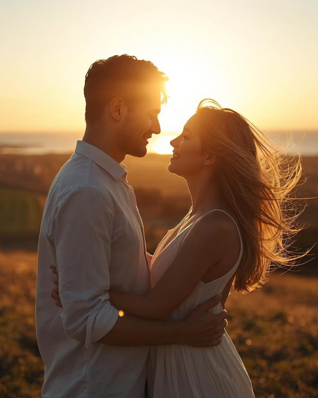 Pareja realista al atardecer mirándose con amor y libertad, simbolizando una relación consciente y emocionalmente sana.