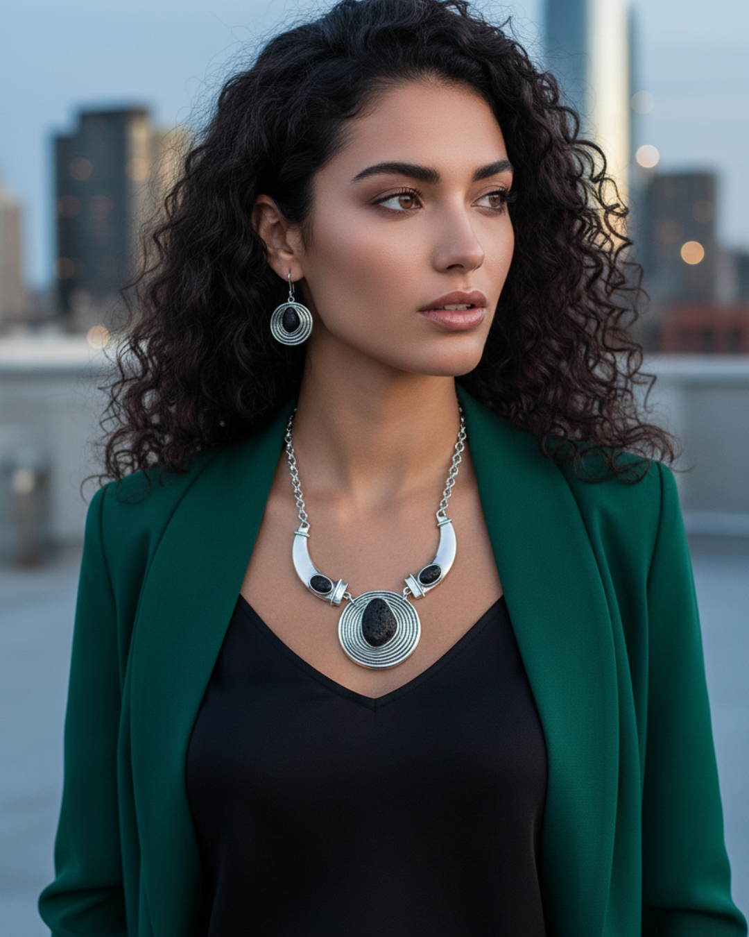 Mujer usando un collar de Obsidiana de Tenerife en fotografía profesional. Joyería de protección energética para el empoderamiento femenino y la autoestima.