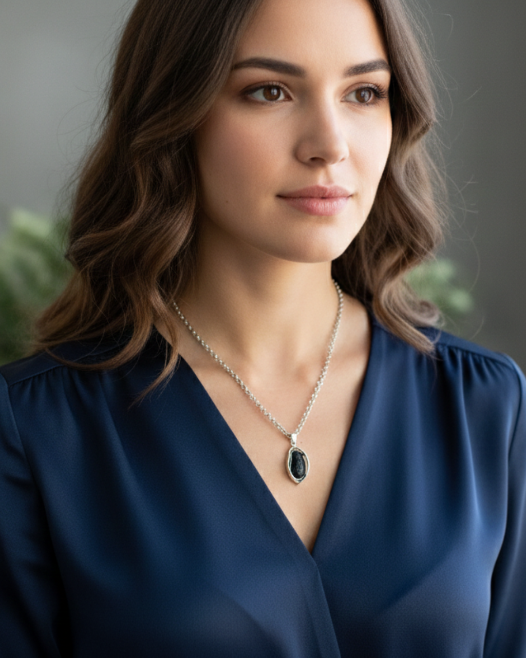 Mujer usando un delicado collar con colgante de Obsidiana negra en un entorno profesional. Joyería de protección energética para el bienestar y la introspección.
