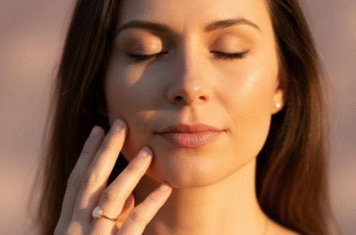 Mujer tocando su rostro segura misma y con energia femenina