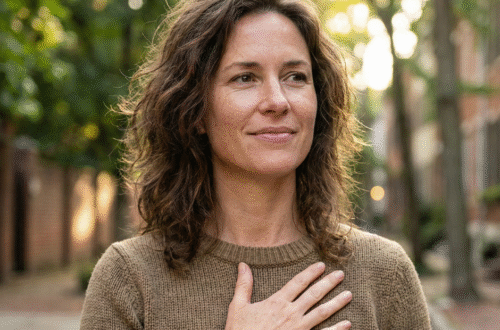 Mujer real mirando con serenidad, con la mano en el pecho, conectando con su amor propio en un entorno natural.