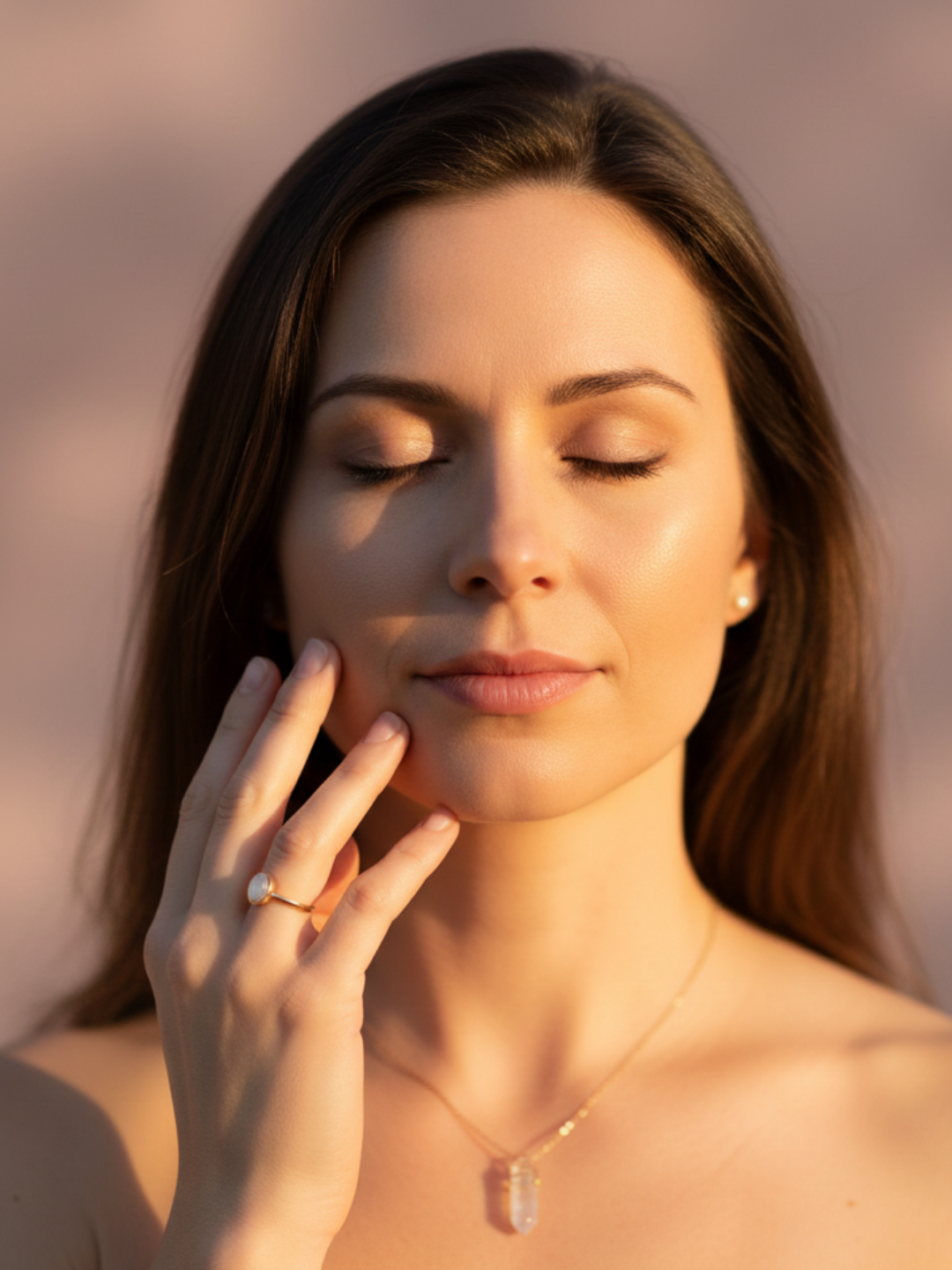 Mujer tocando su rostro segura misma y con energia femenina
