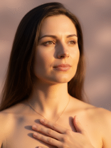 Mujer tocandose el pecho segura de si misma Con energia de bienestar