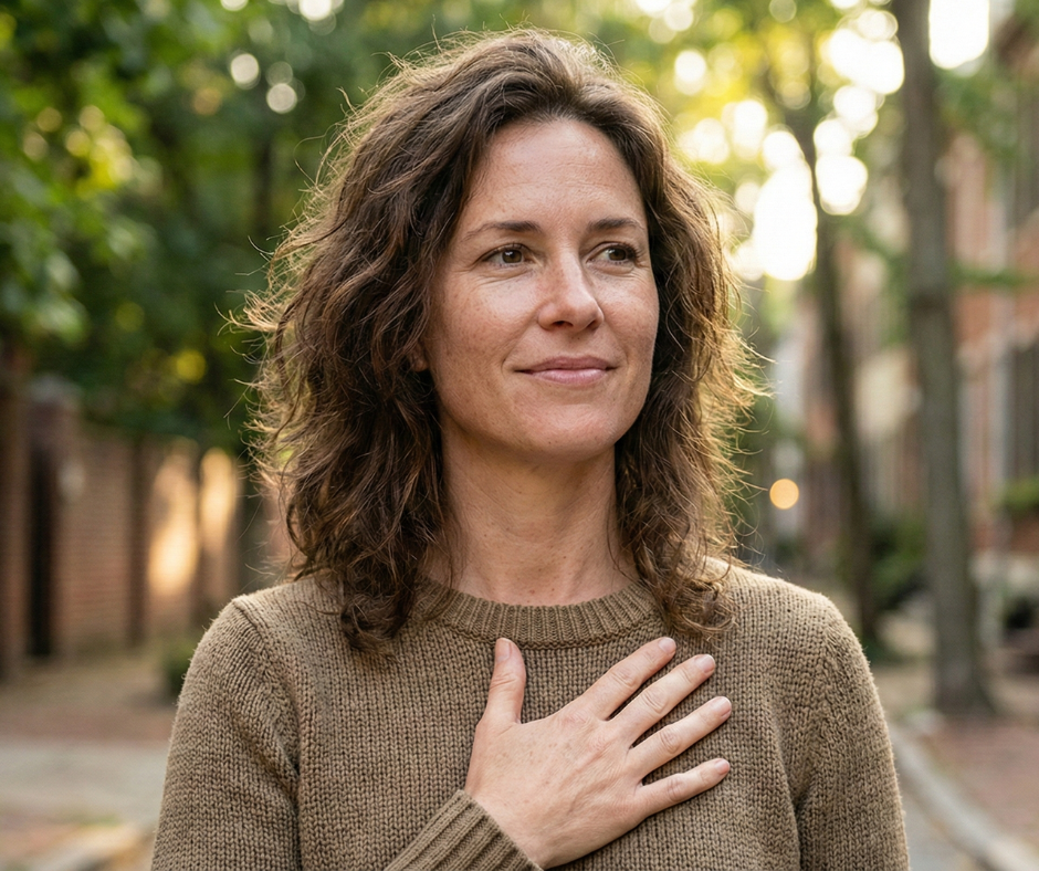 Mujer real mirando con serenidad, con la mano en el pecho, conectando con su amor propio en un entorno natural.
