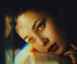 Mujer real mirando con serenidad, conectando con su amor propio en un entorno natural.