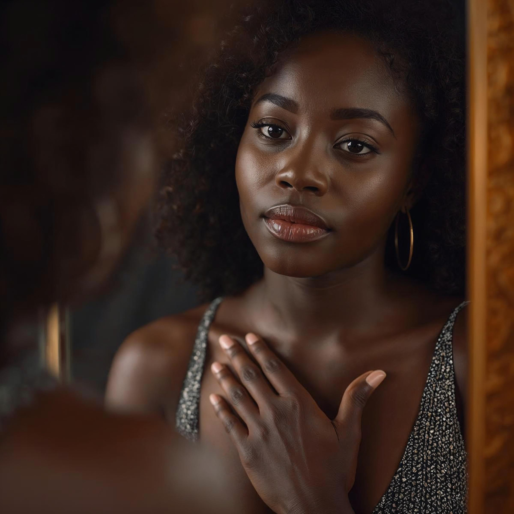 Mujer frente al espejo tocando su corazón, representando la sanación de la inseguridad y el crecimiento del amor propio. Leyenda: La batalla más importante no es contra el mundo, es a favor de ti misma.
