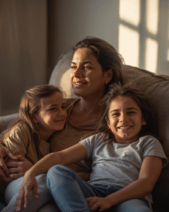Mujer en paz con sus hijas al fondo, aprendiendo a sanar la culpa de madre.