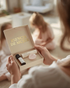 Kit Esencia de Mujer con aceite esencial de 10ml, piedra energética y manifiesto para sanar la culpa de madre.
