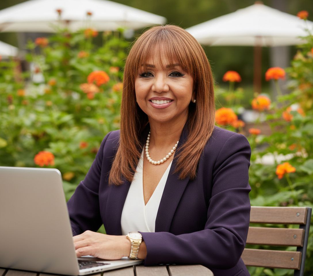Elegirse a una misma, Mujer sonriendo frente a su computador escribiendo sobre crecimiento espiritual y amor propio.