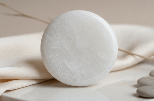 Piedra Selenita grabada con la Flor de la Vida mostrando su brillo natural y textura vibrante sobre fondo de lujo alquímico.