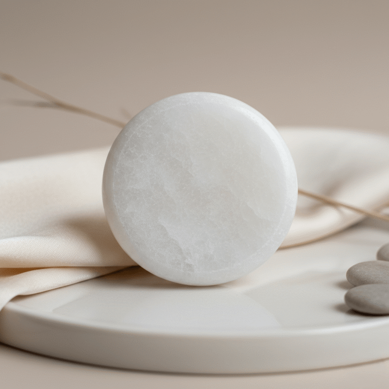 Piedra Selenita grabada con la Flor de la Vida mostrando su brillo natural y textura vibrante sobre fondo de lujo alquímico.