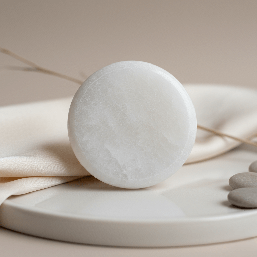Piedra Selenita grabada con la Flor de la Vida mostrando su brillo natural y textura vibrante sobre fondo de lujo alquímico.