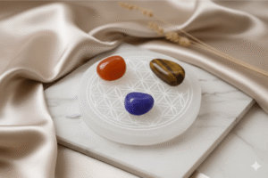 Piedra Selenita recargando la energía de otras piedras naturales.