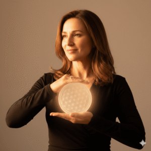 Mujer con expresión de paz y seguridad sosteniendo una piedra Selenita con ambas manos durante el Ritual 5.