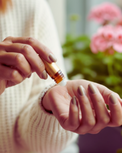 Verónica aplicando el Roll-on Ritual Cinco en las muñecas: El primer paso del método 1, 2, 3, 4, 5 para recuperar el equilibrio y la esencia de mujer a través de la aromaterapia holística."