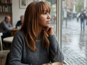 Mujer reflexionando junto a una ventana durante un momento de introspección