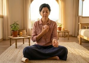 Mujer meditando con el Cuarzo rosa