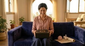 mujer sentada con su ritual cinco .