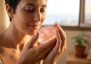 Una mujer sostiene en sus Manos Cuarzo Rosa