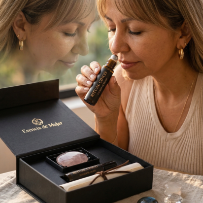 Mujer sintiendo el aroma del aceite . Ritual cinco, col el ancla del poder- Reseteo Emocional