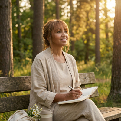 Mujer observando la naturaleza y la paz con el ritual cinco , reseteo emocional que se encuentra con ella Esencia de Mujer, Reseteo Biológico