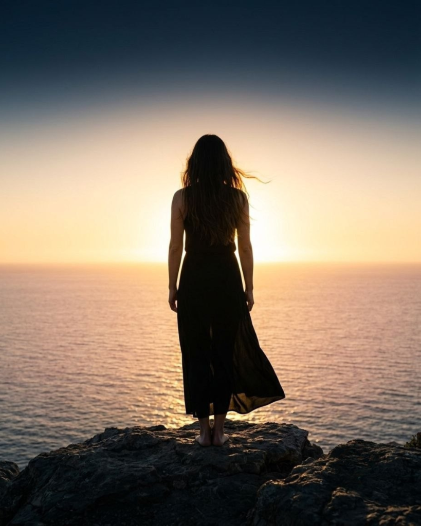 Volver a ti misma: mujer mirando el horizonte en la orilla del mar — Esencia de Mujer
