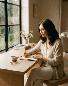Mujer madura escribiendo en un cuaderno durante un momento para sí misma