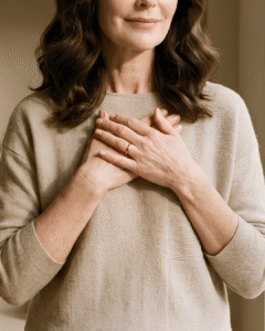 Mujer con las manos sobre el corazón practicando gratitud