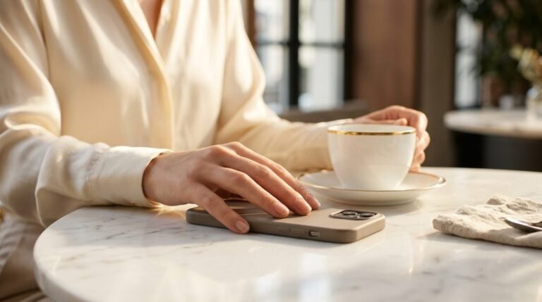 Mano de mujer junto a un teléfono boca abajo y un café, amistades que se pierden, Tu Esencia de Mujer