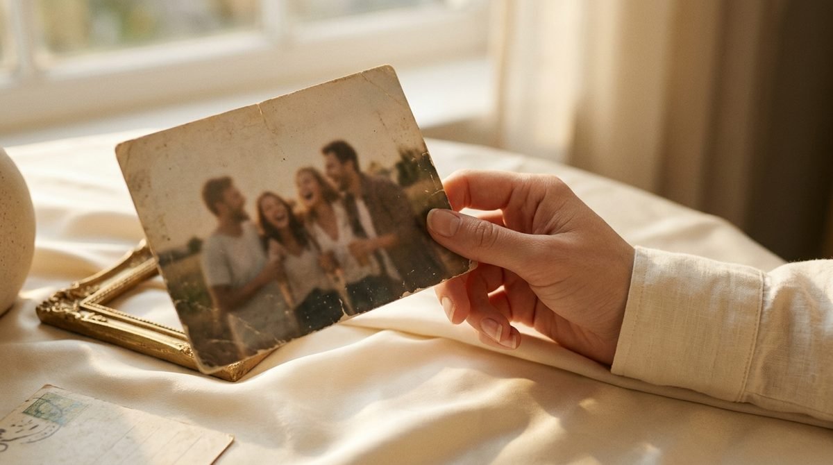 Mano de mujer sosteniendo una foto antigua con sus amigas, amistades que se pierden con la distancia, Tu Esencia de Mujer