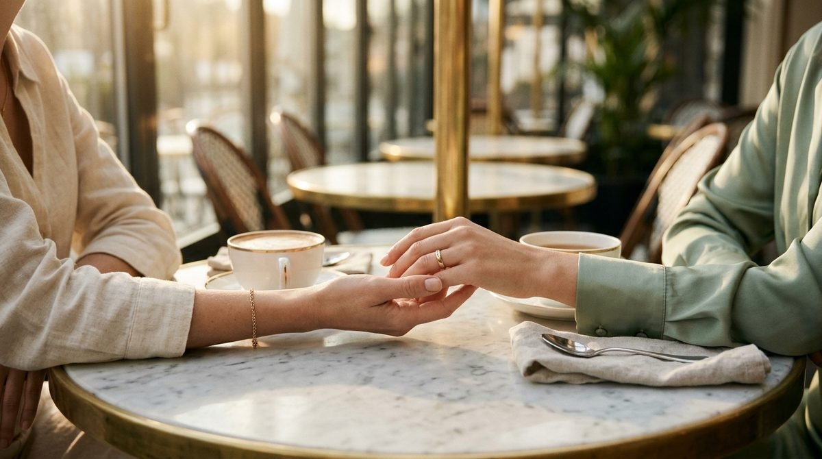 Dos manos de amigas que se encuentran sobre la mesa, volver a acercarse tras las amistades que se pierden, Ritual Cinco