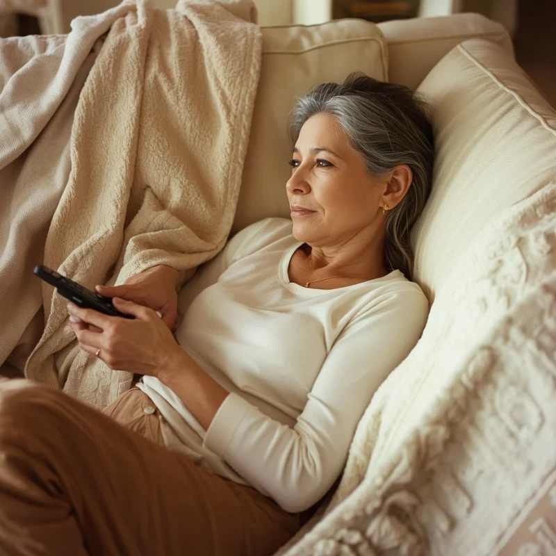 Mujer descansando en el sofá eligiendo su película, amor propio – Esencia de Mujer