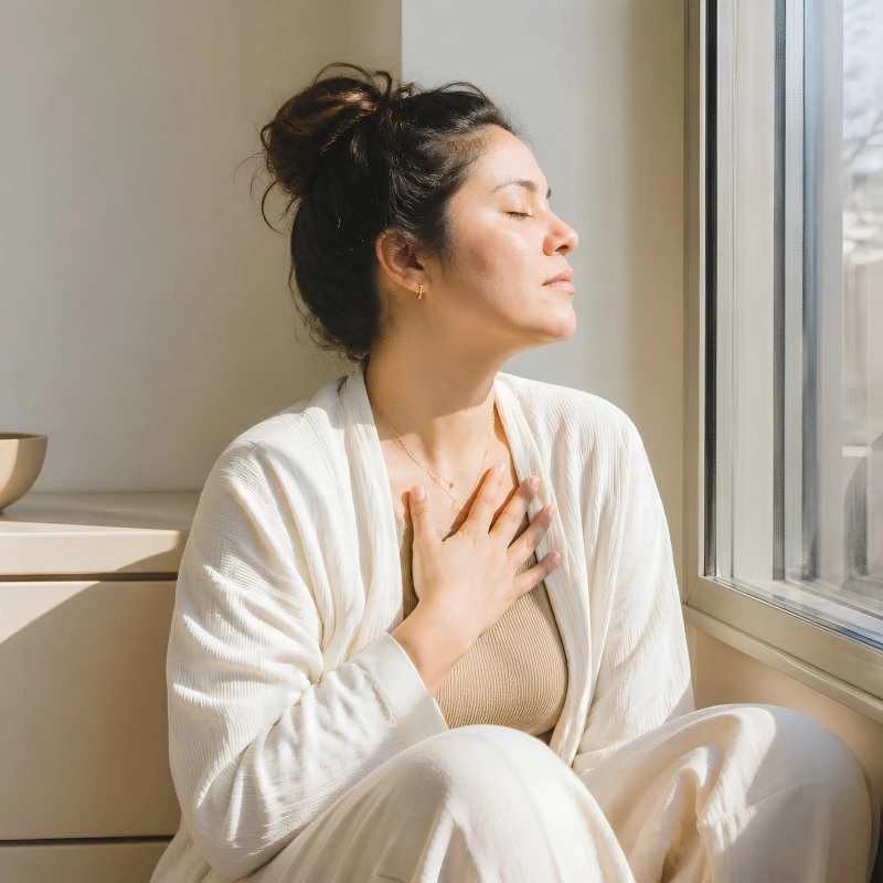 Mujer respirando junto a la ventana con la mano en el pecho, energía femenina – Esencia de Mujer