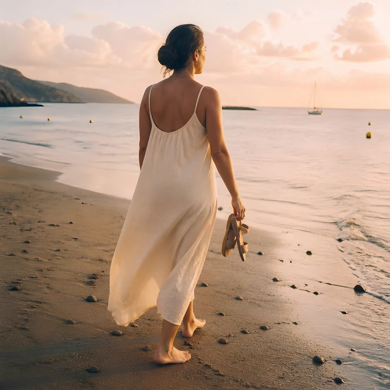 Mujer caminando descalza por la playa al amanecer, volver a ti – Esencia de Mujer