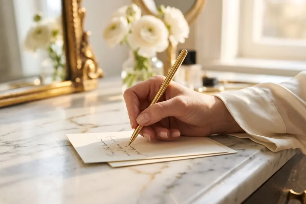Mano de mujer escribiendo una frase en una tarjeta sobre mármol, frases de amor propio, Tu Esencia de Mujer