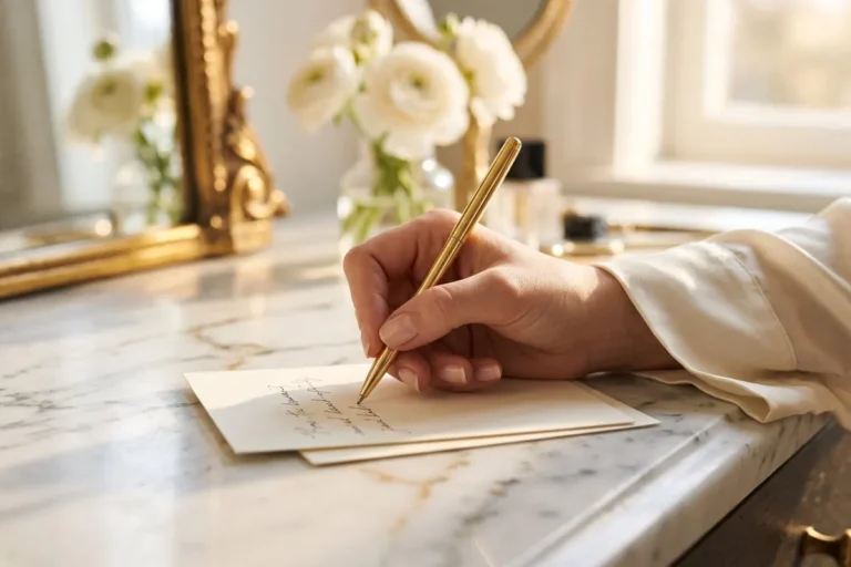 Mano de mujer escribiendo una frase en una tarjeta sobre mármol, frases de amor propio, Tu Esencia de Mujer