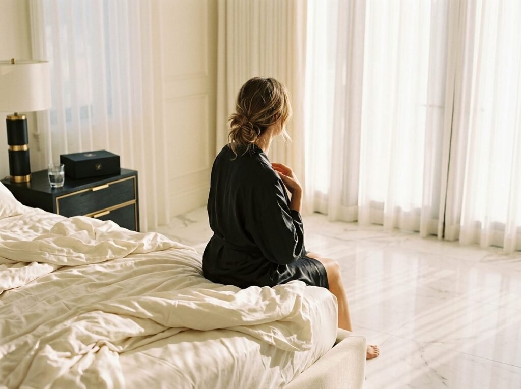 Mujer de espaldas al amanecer sintiendo la menopausia y odio a la pareja, con el cofre de Ritual Cinco en la mesita