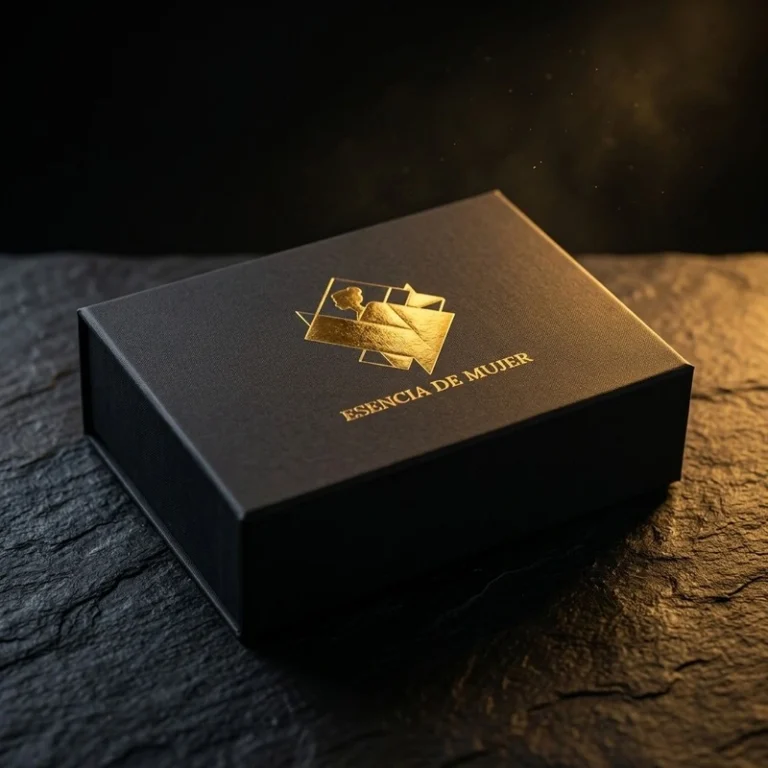 Cofre negro de Ritual Cinco con el logo dorado de Esencia de Mujer en la tapa